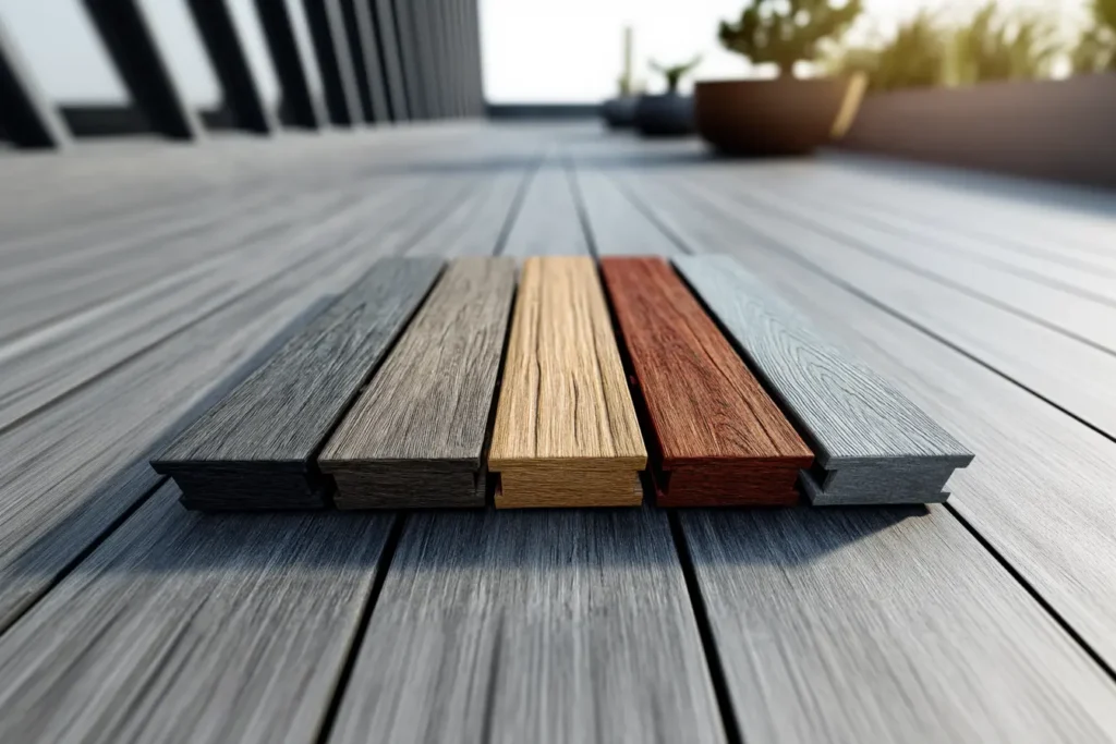 Side-by-side comparison of six wood and composite decking materials in various colors and textures, used for outdoor deck construction in New Jersey climates